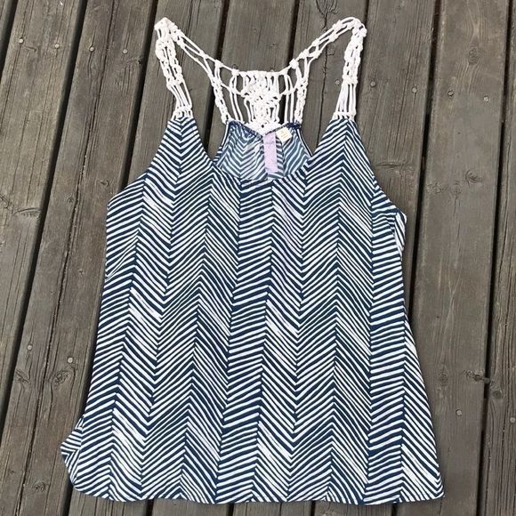 ALYA Navy/White Striped Racerback Crochet Top - Picture 1 of 7